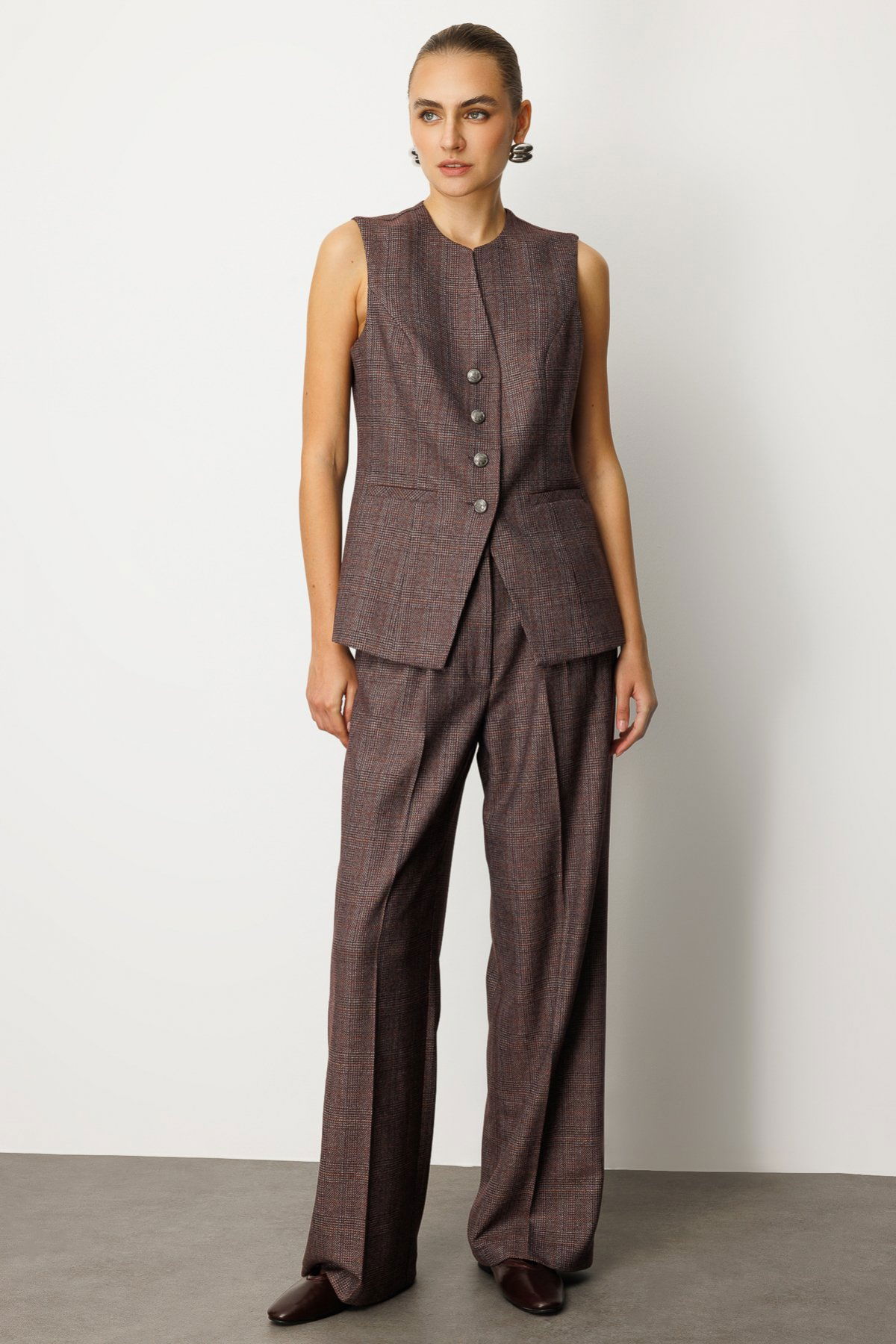 Ekol Kadın Ekoseli Bol Paça Pantolon 5167 Bordo - 1