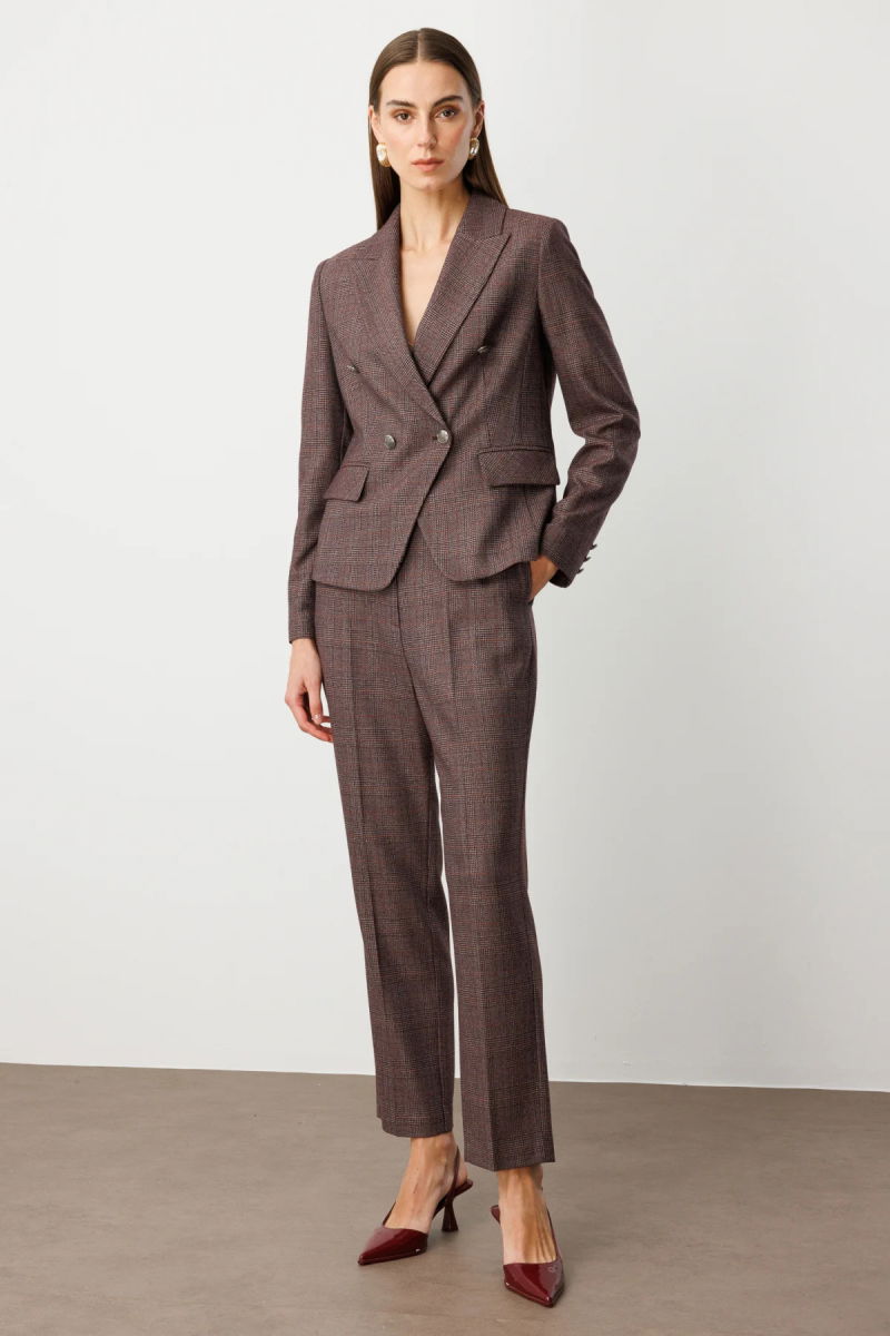 Ekol Kadın Ekoseli Boru Paça Pantolon 5163 Bordo - Ekol