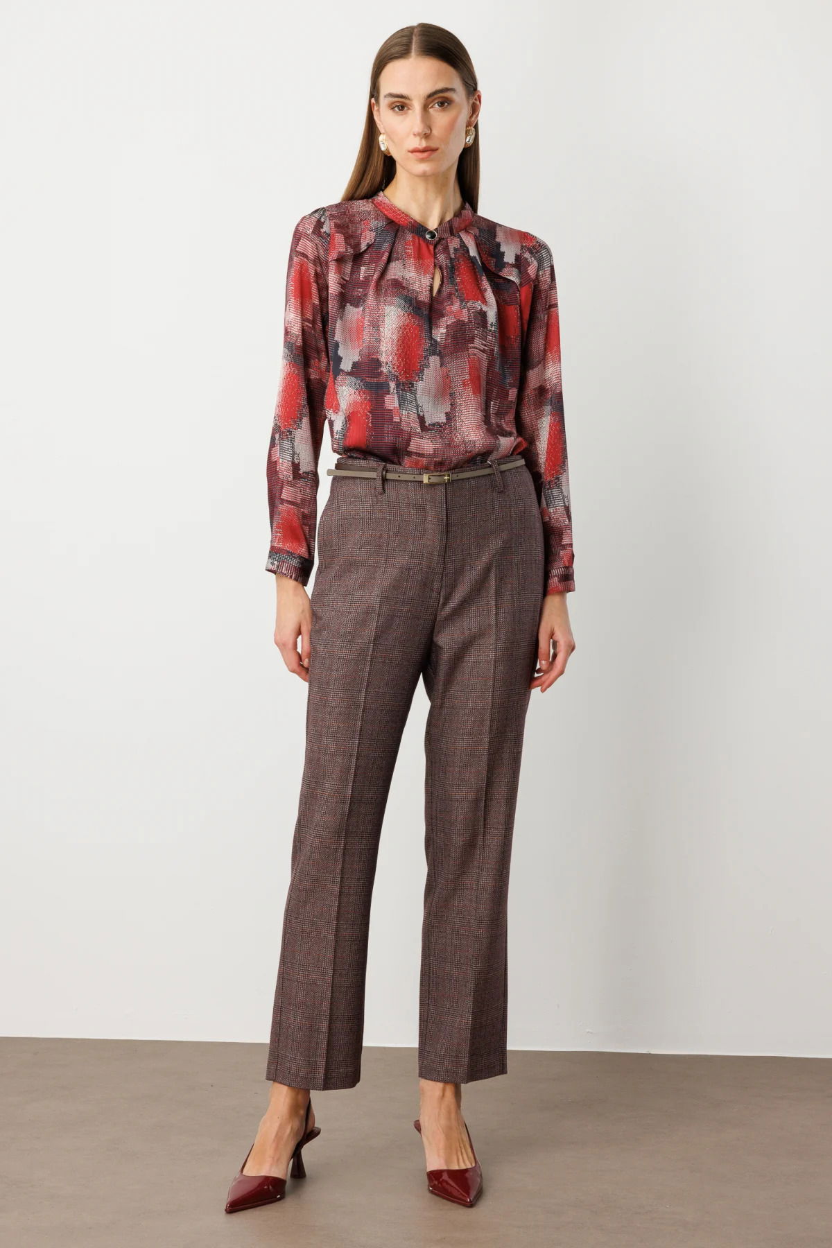 Ekol Kadın Ekoseli Boru Paça Pantolon 5163 Bordo - 2