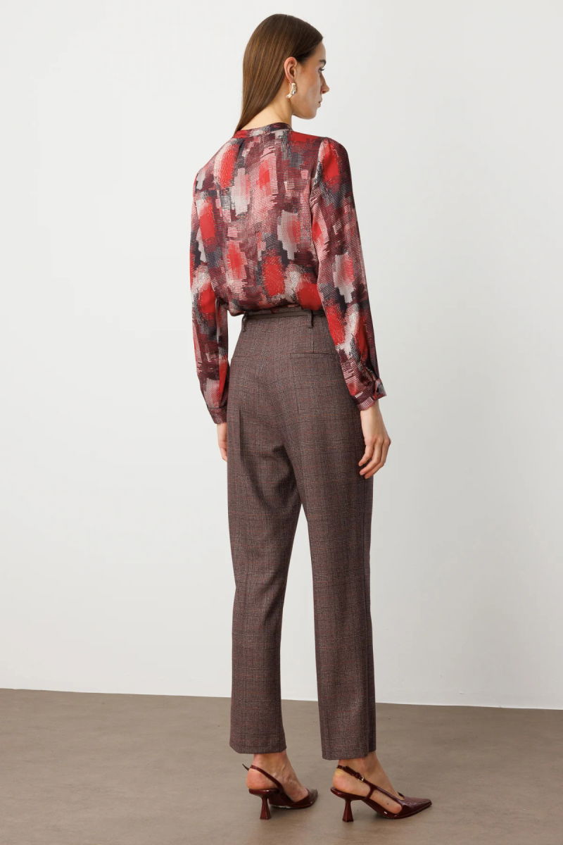 Ekol Kadın Ekoseli Boru Paça Pantolon 5163 Bordo - 4