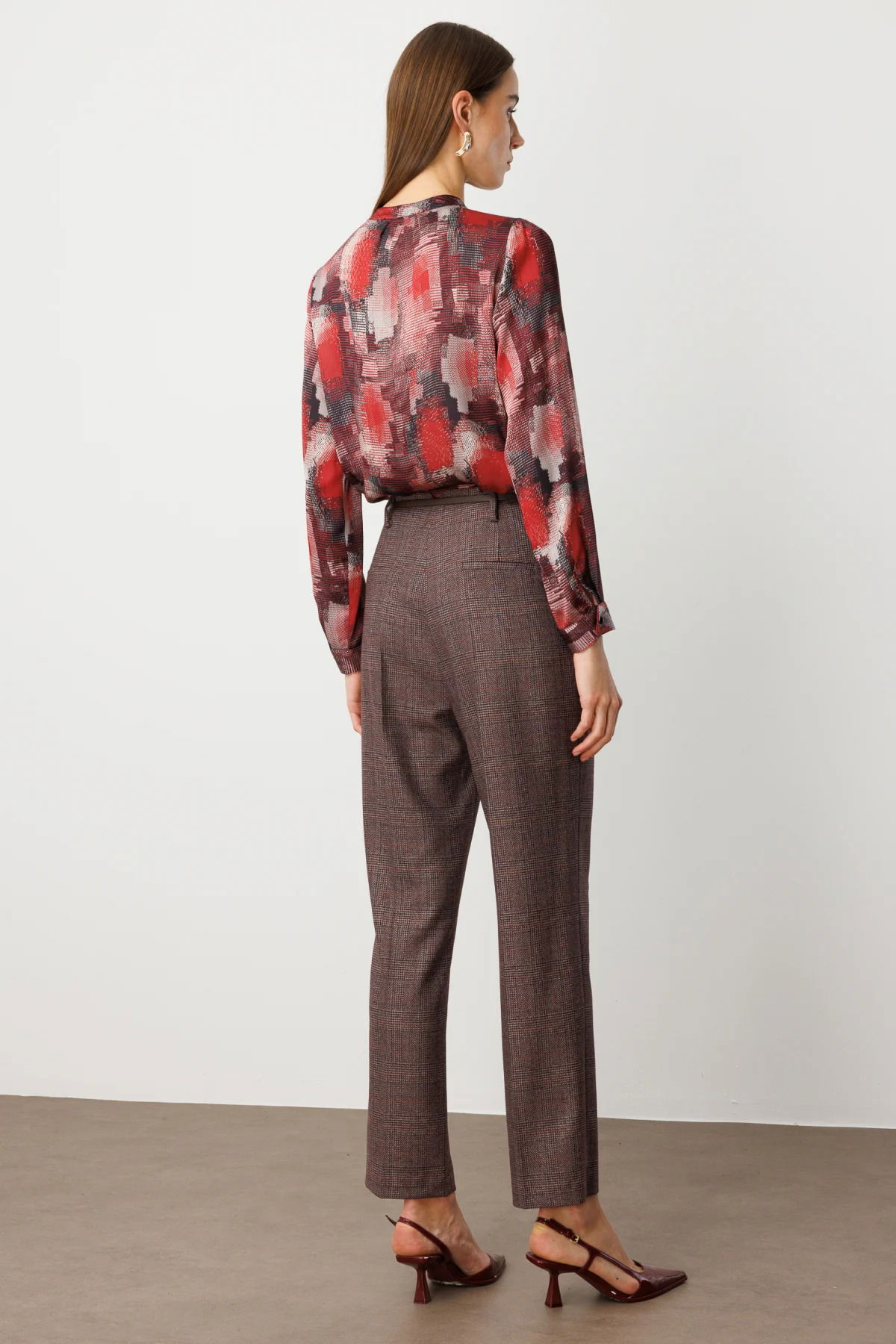 Ekol Kadın Ekoseli Boru Paça Pantolon 5163 Bordo - 4