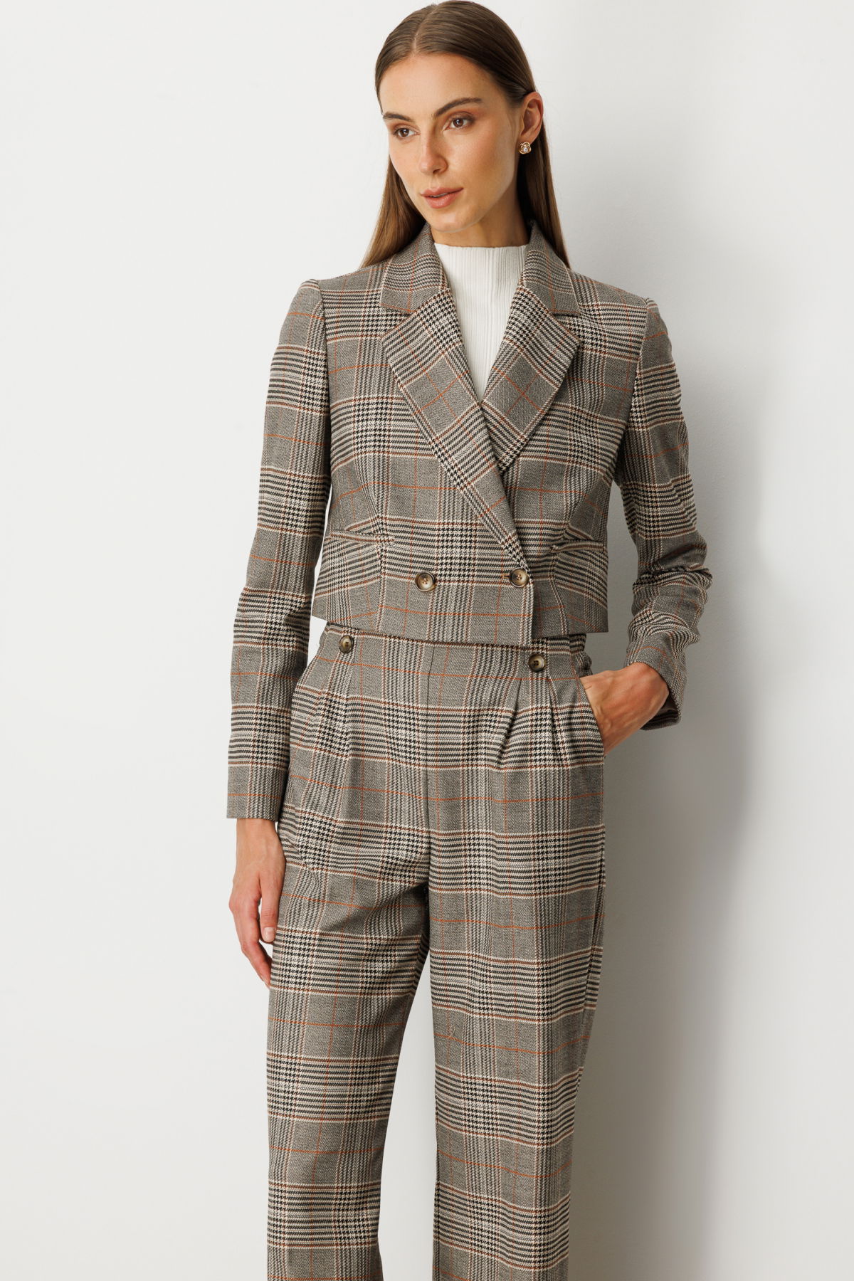 Ekol Kadın Ekoseli Crop Ceket 5075 Vizon - 2
