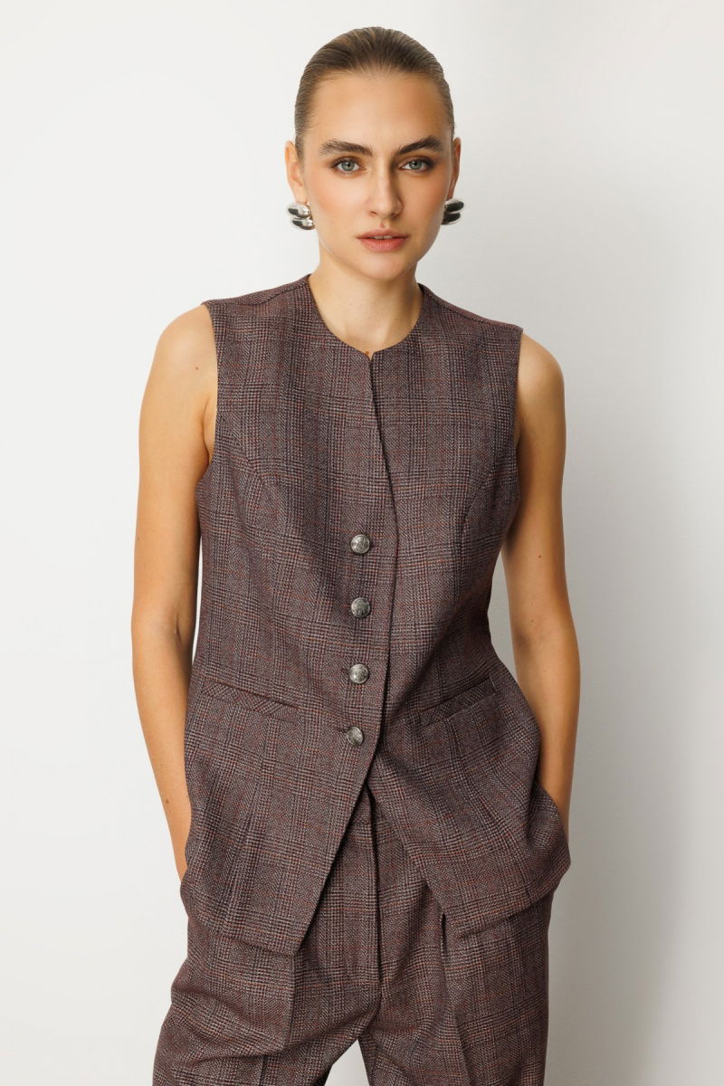 Ekol Kadın Ekoseli Fleto Cepli Yelek 5165 Bordo - Ekol