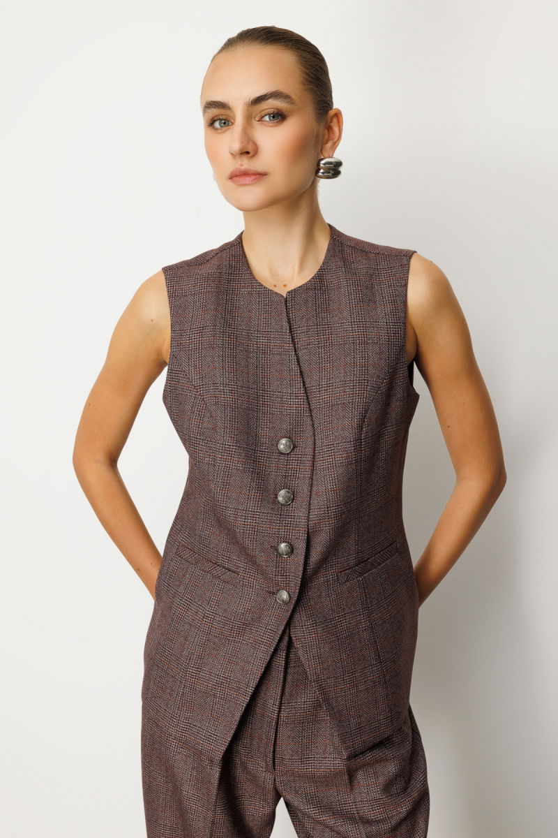 Ekol Kadın Ekoseli Fleto Cepli Yelek 5165 Bordo - 2