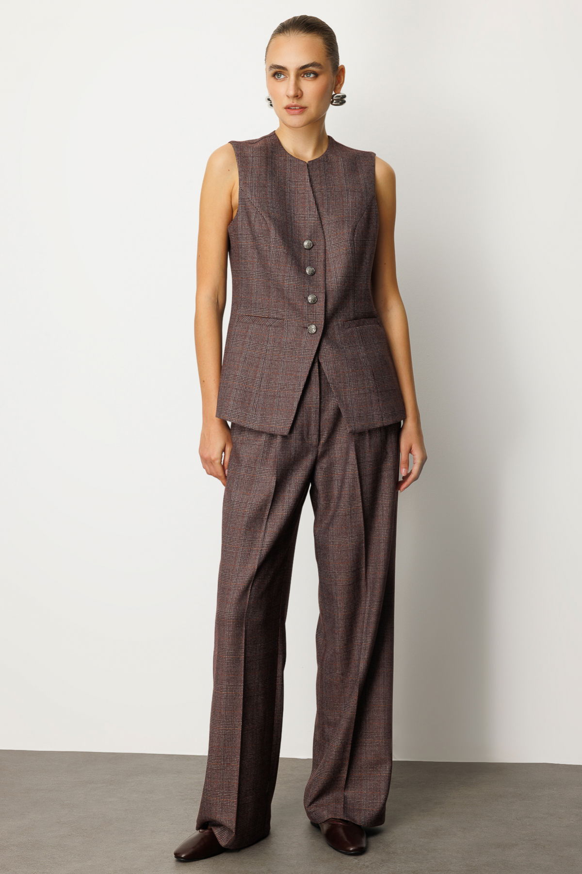 Ekol Kadın Ekoseli Fleto Cepli Yelek 5165 Bordo - 3