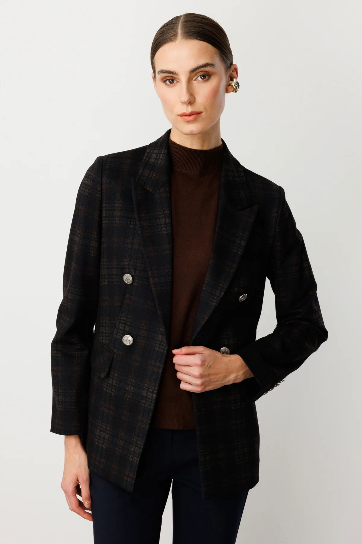 Ekol Kadın Ekoseli Kapak Cepli Ceket 5039 Kahverengi - 2