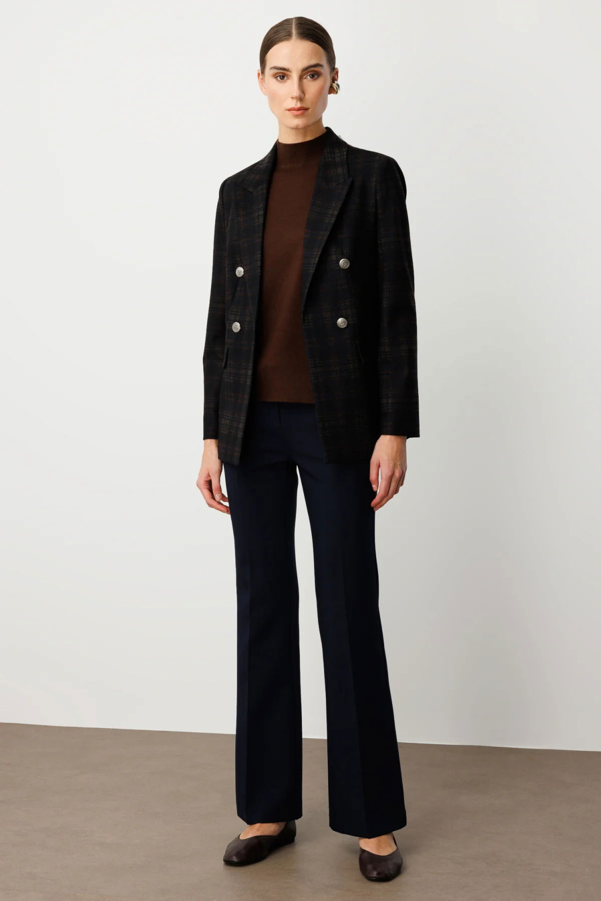 Ekol Kadın Ekoseli Kapak Cepli Ceket 5039 Kahverengi - 3