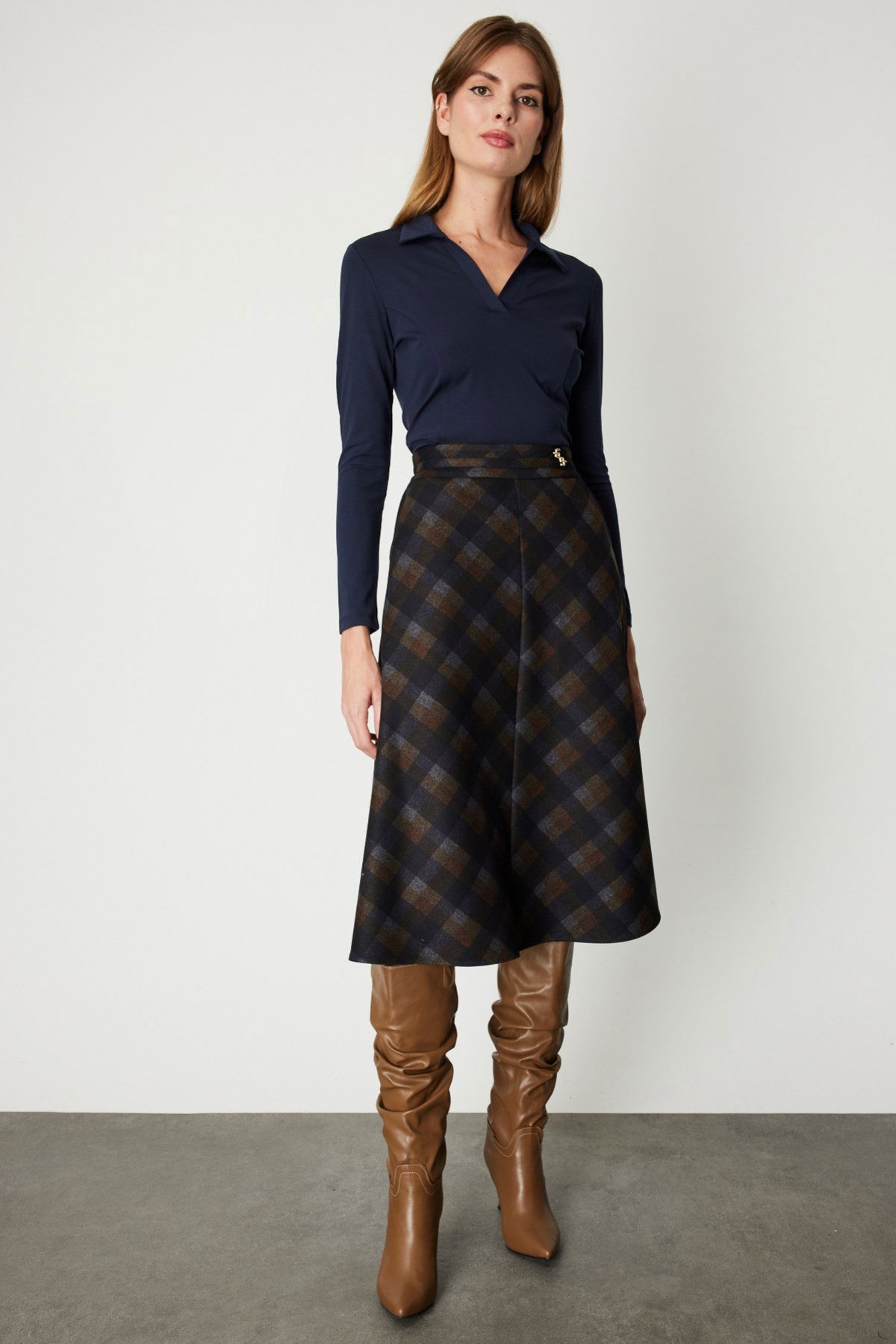 Ekol Kadın Ekoseli Midi Etek 2041 Kahverengi - 1