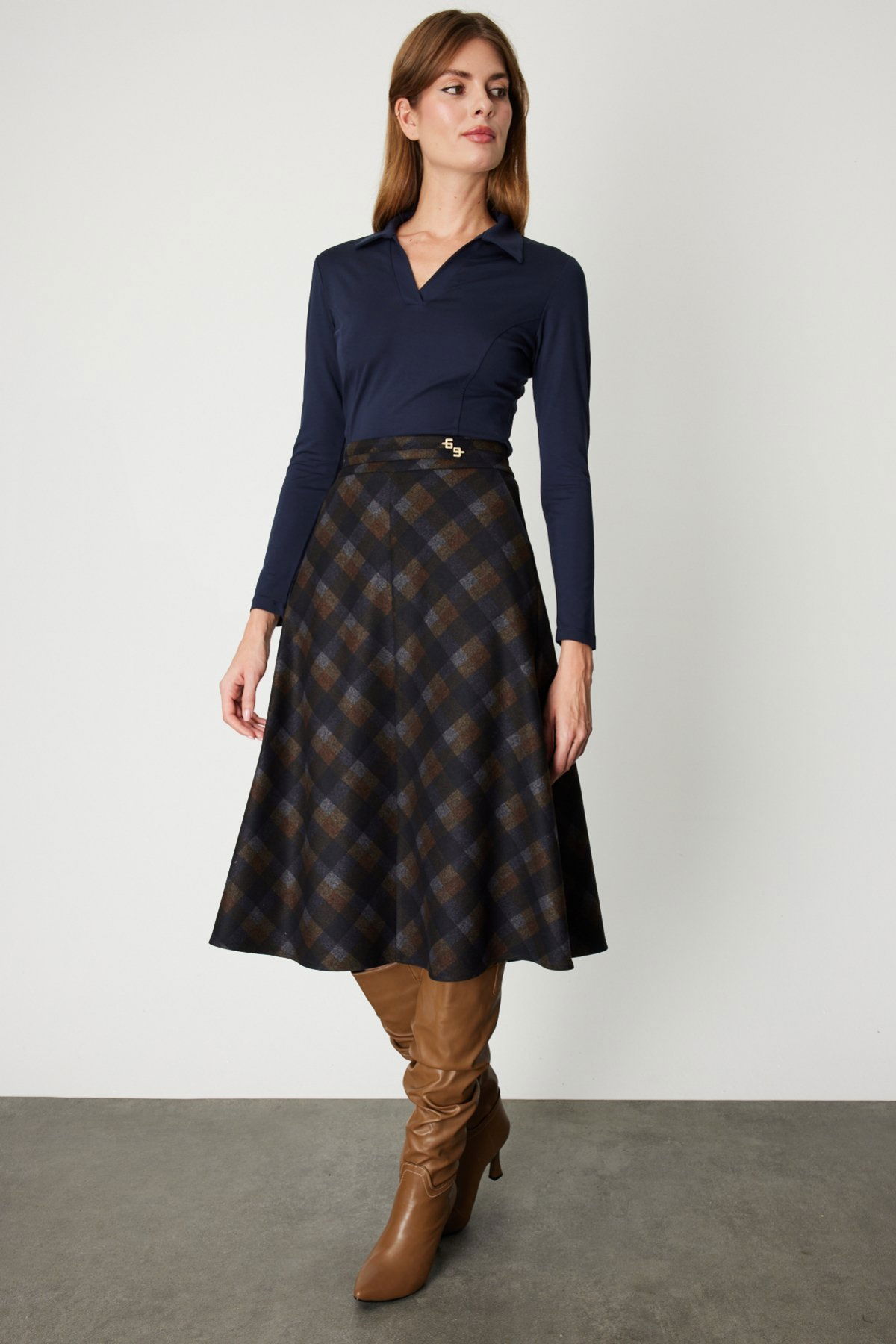 Ekol Kadın Ekoseli Midi Etek 2041 Kahverengi - 2