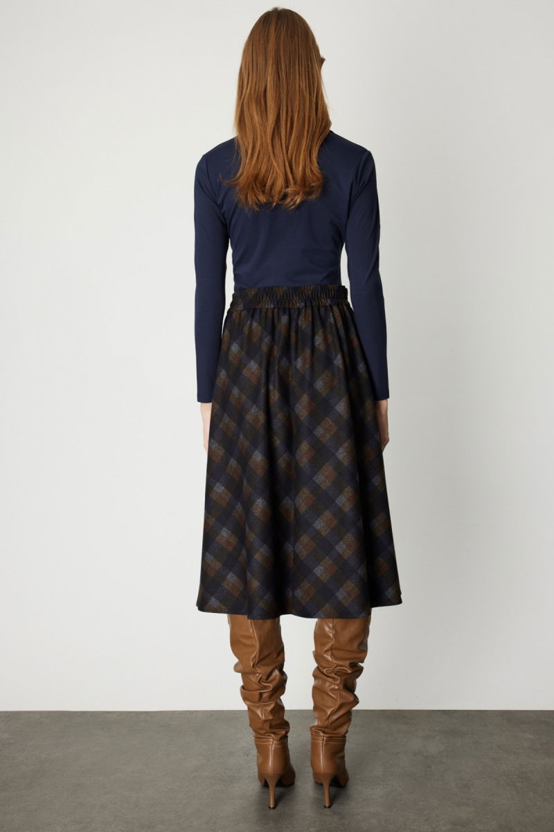 Ekol Kadın Ekoseli Midi Etek 2041 Kahverengi - 4