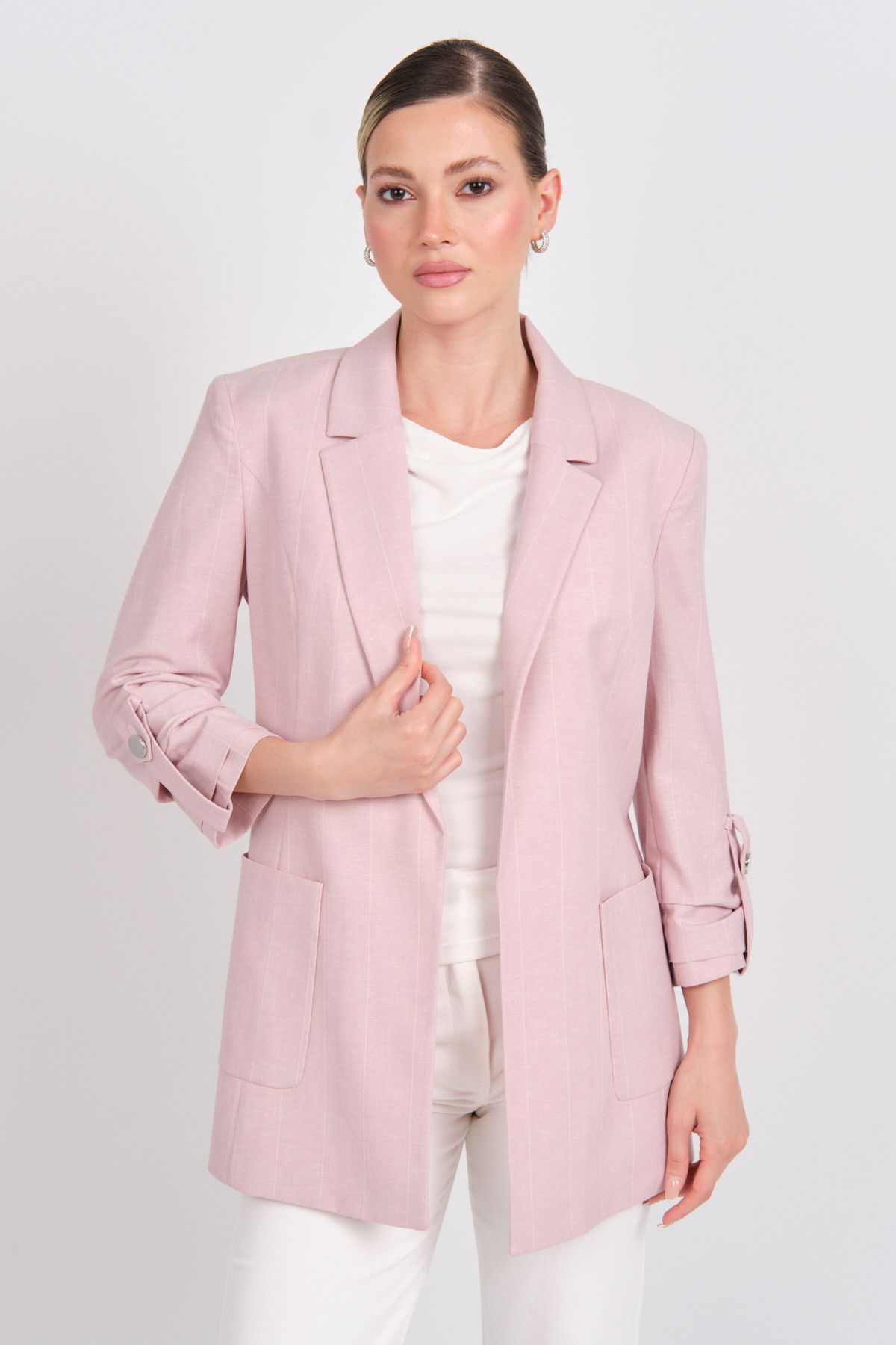 Ekol Kadın Ekoseli Torba Cepli Ceket 4032 Pembe - 1