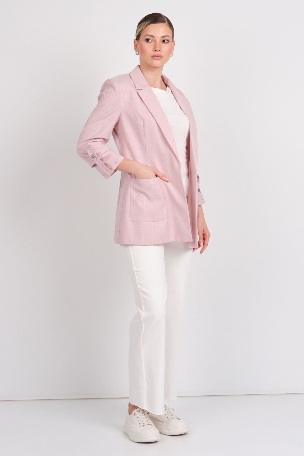 Ekol Kadın Ekoseli Torba Cepli Ceket 4032 Pembe - 3