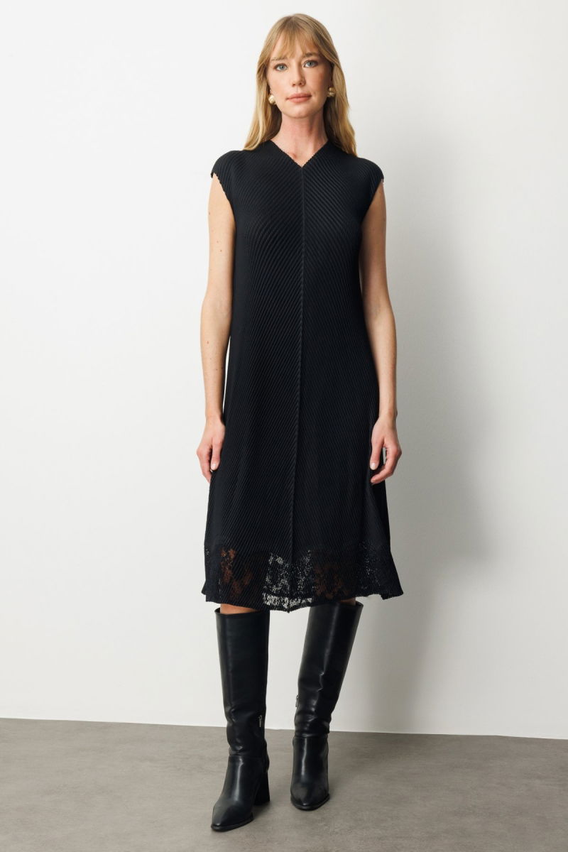 Ekol Kadın Eteği Dantel Detaylı Akordiyon Kumaş Elbise 5903 Siyah - Ekol