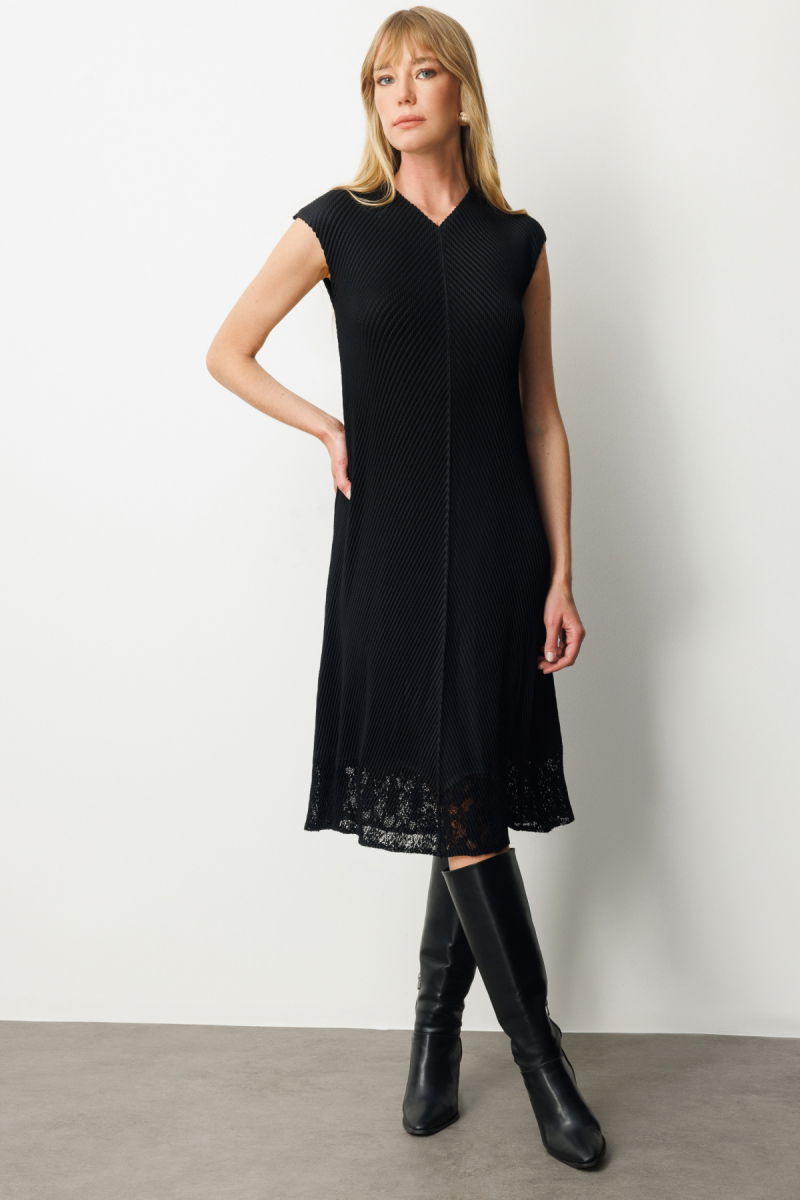 Ekol Kadın Eteği Dantel Detaylı Akordiyon Kumaş Elbise 5903 Siyah - 2