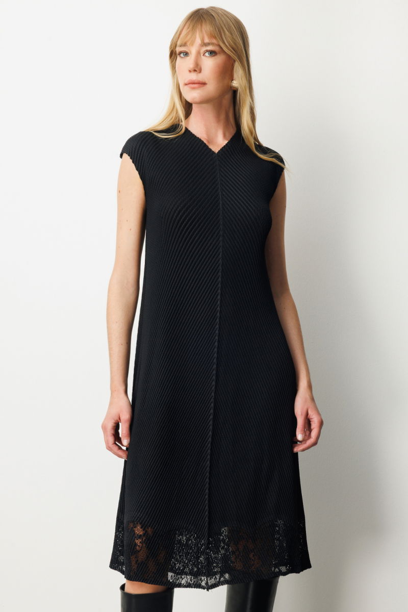 Ekol Kadın Eteği Dantel Detaylı Akordiyon Kumaş Elbise 5903 Siyah - 3