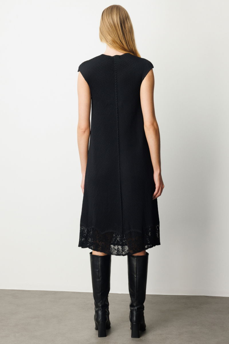 Ekol Kadın Eteği Dantel Detaylı Akordiyon Kumaş Elbise 5903 Siyah - 4