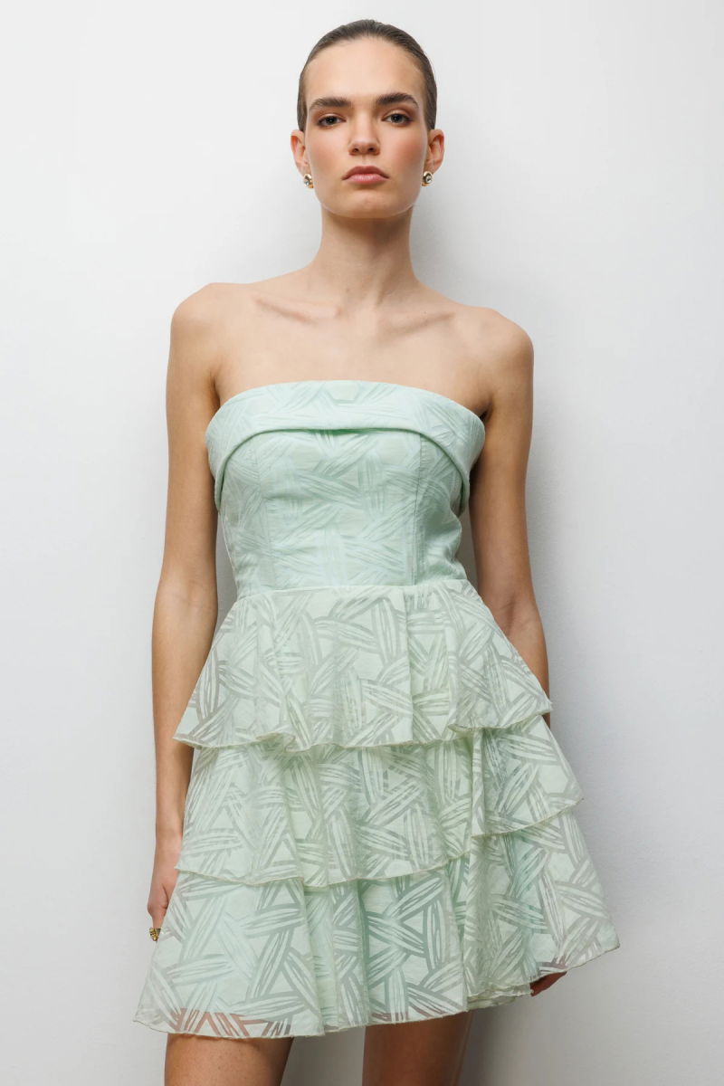 Ekol Kadın Eteği Katlı Mini Straplez Elbise 6022 Mint - 2