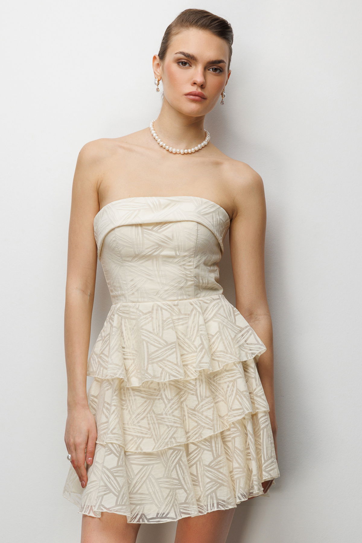 Ekol Kadın Eteği Katlı Mini Straplez Elbise 6022 Sarı - 2