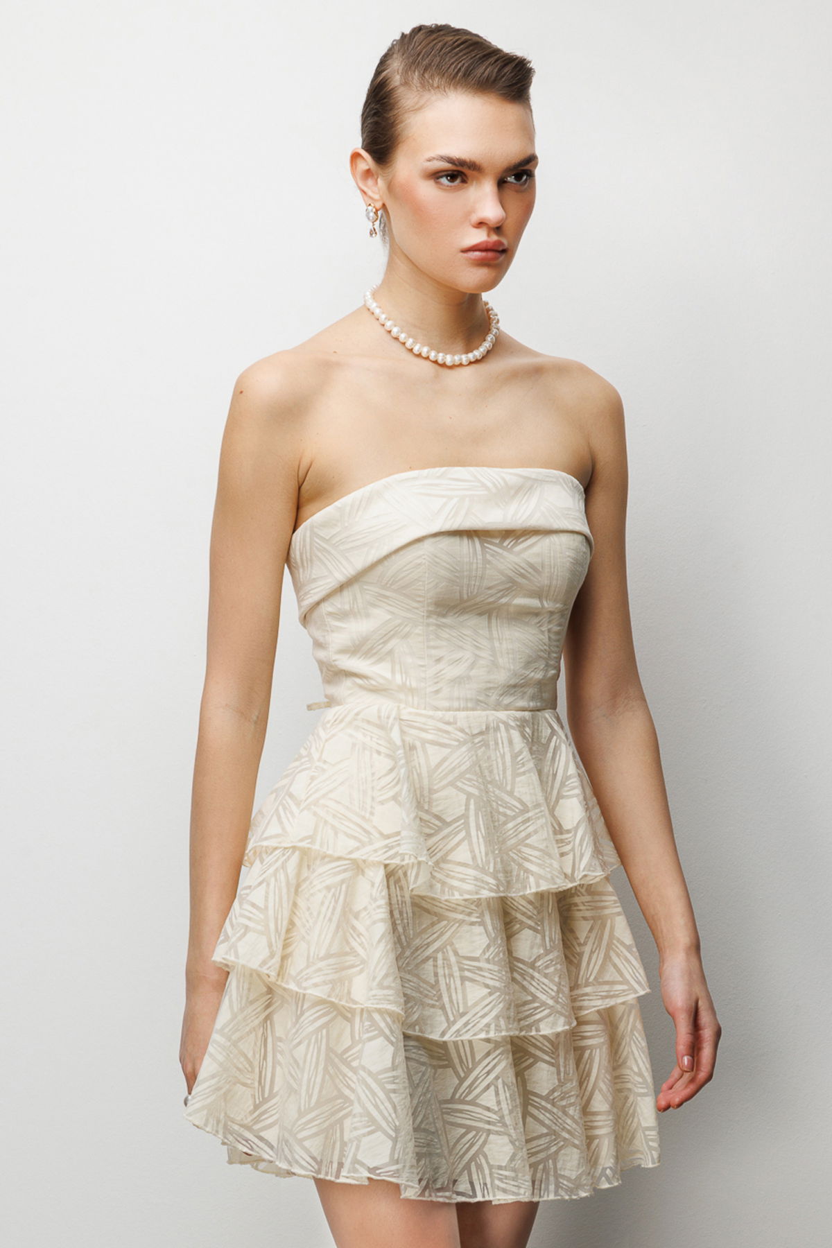 Ekol Kadın Eteği Katlı Mini Straplez Elbise 6022 Sarı - 3