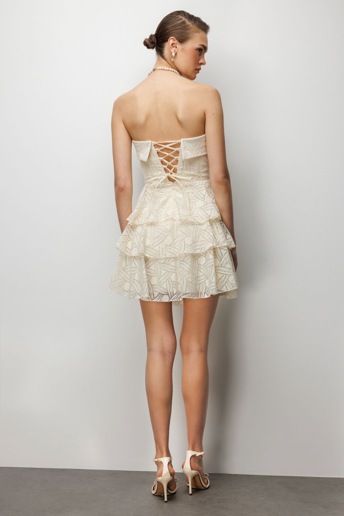 Ekol Kadın Eteği Katlı Mini Straplez Elbise 6022 Sarı - 4