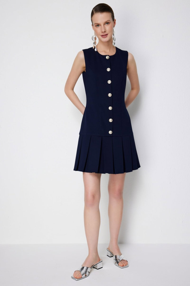 Ekol Kadın Eteği Piliseli Düğmeli Mini Elbise 6104 Lacivert - 2