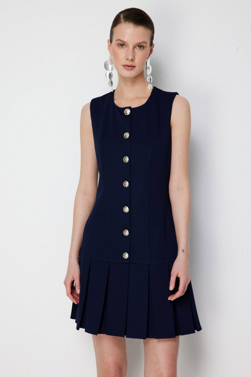 Ekol Kadın Eteği Piliseli Düğmeli Mini Elbise 6104 Lacivert - 3