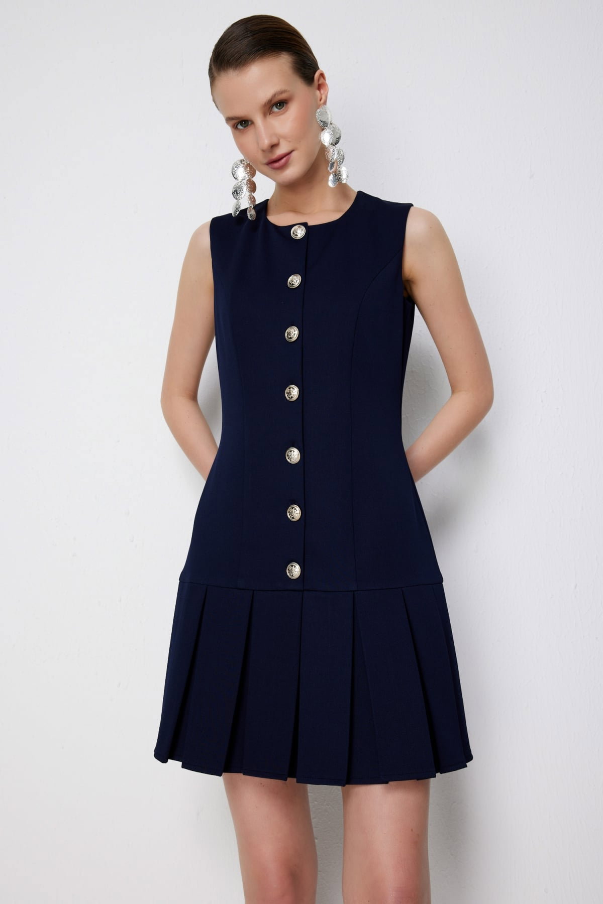 Ekol Kadın Eteği Piliseli Düğmeli Mini Elbise 6104 Lacivert - 4