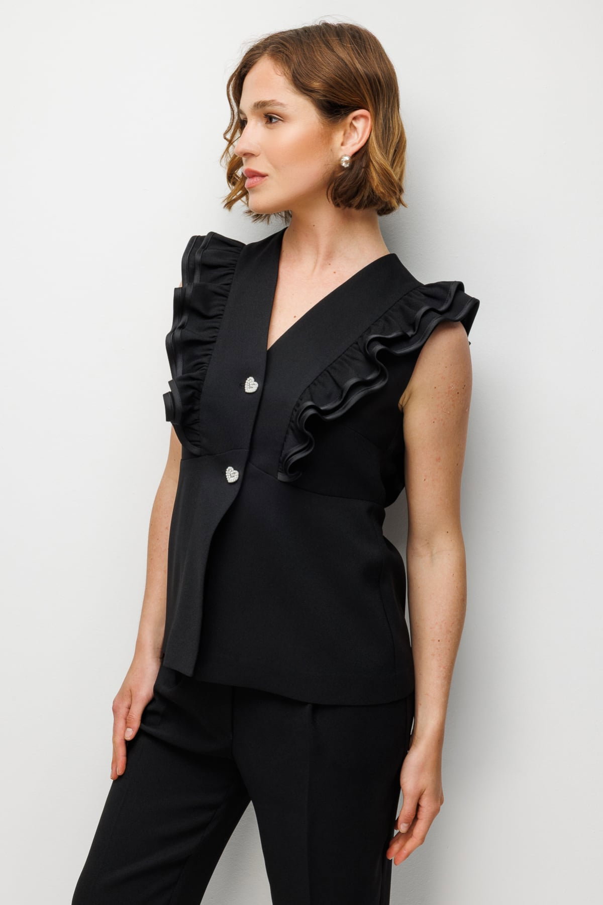 Ekol Kadın Fırfır Detaylı Kalp Düğmeli Yelek 1152 Siyah - 2
