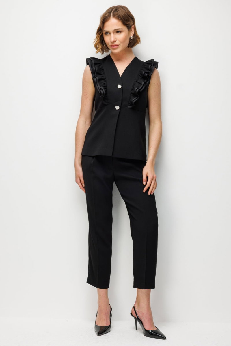 Ekol Kadın Fırfır Detaylı Kalp Düğmeli Yelek 1152 Siyah - 4