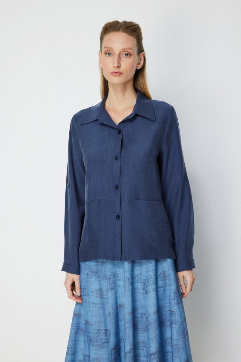 Ekol Kadın Fleto Cepli Polo Yaka Gömlek 7102 Lacivert - Ekol