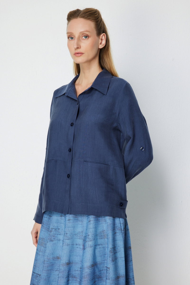 Ekol Kadın Fleto Cepli Polo Yaka Gömlek 7102 Lacivert - 2