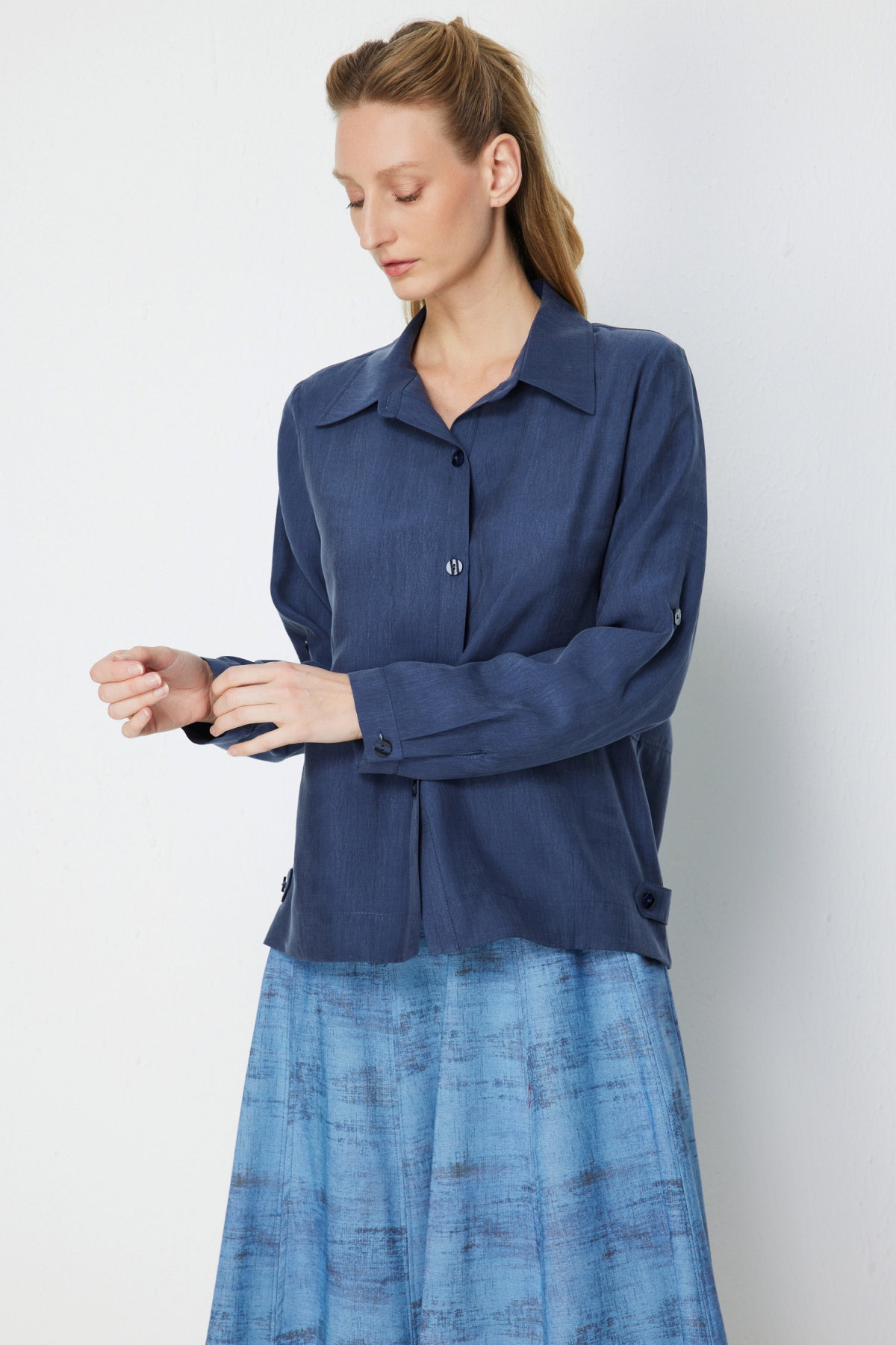 Ekol Kadın Fleto Cepli Polo Yaka Gömlek 7102 Lacivert - 3