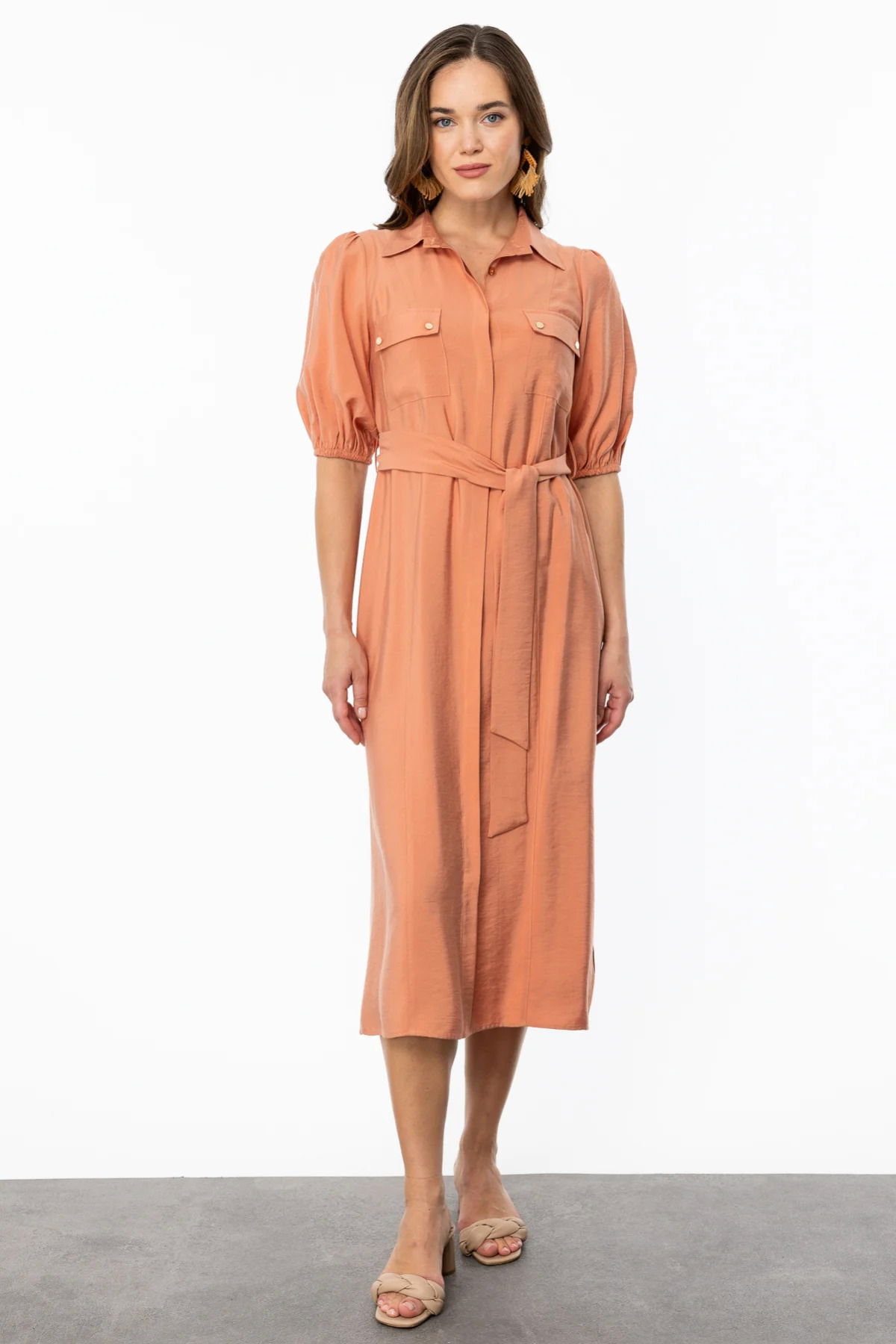 Ekol Kadın Gizli Düğmeli Midi Boy Elbise 4034 Oranj - 2