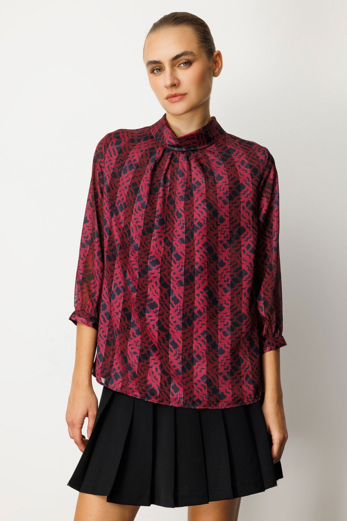 Ekol Kadın Göğsü Pencere Detaylı Desenli Bluz 3053 Bordo - 1