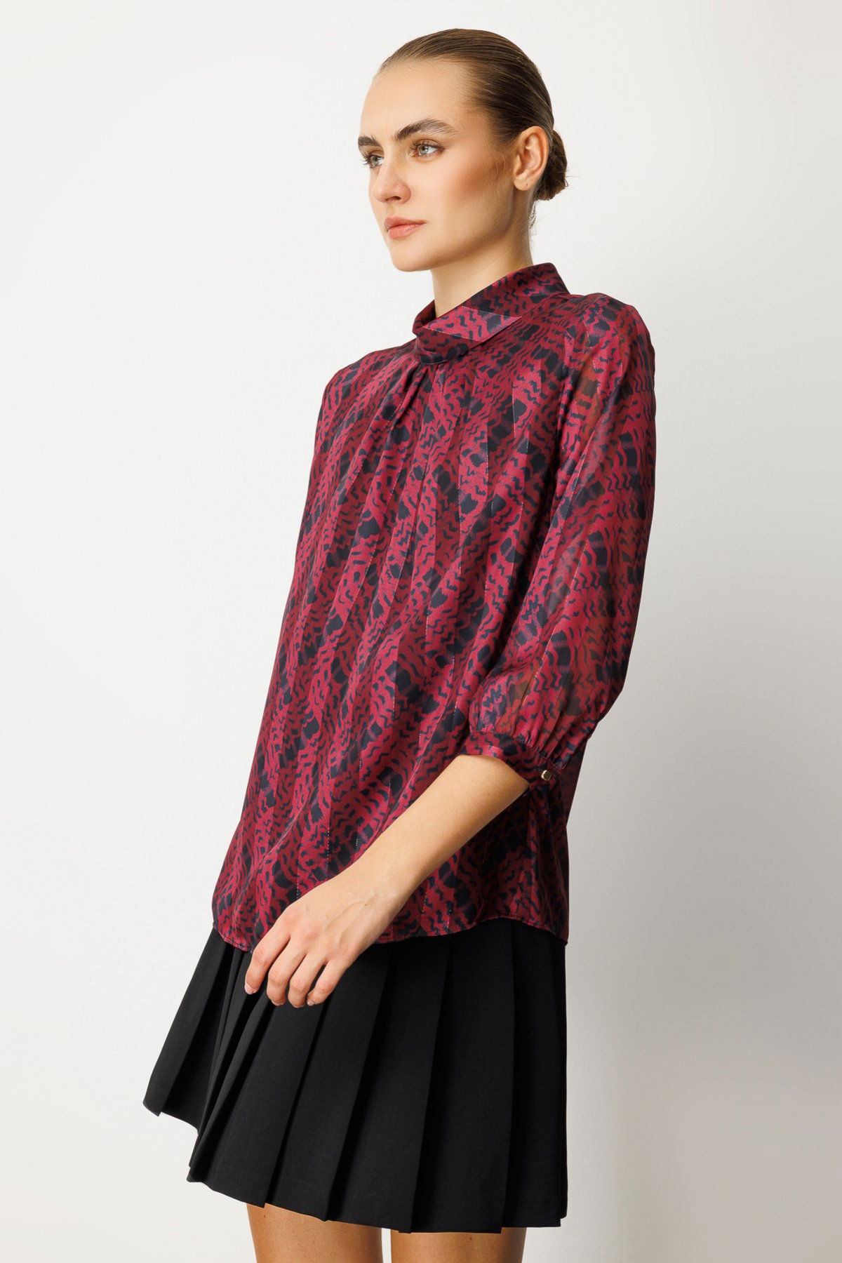 Ekol Kadın Göğsü Pencere Detaylı Desenli Bluz 3053 Bordo - 2