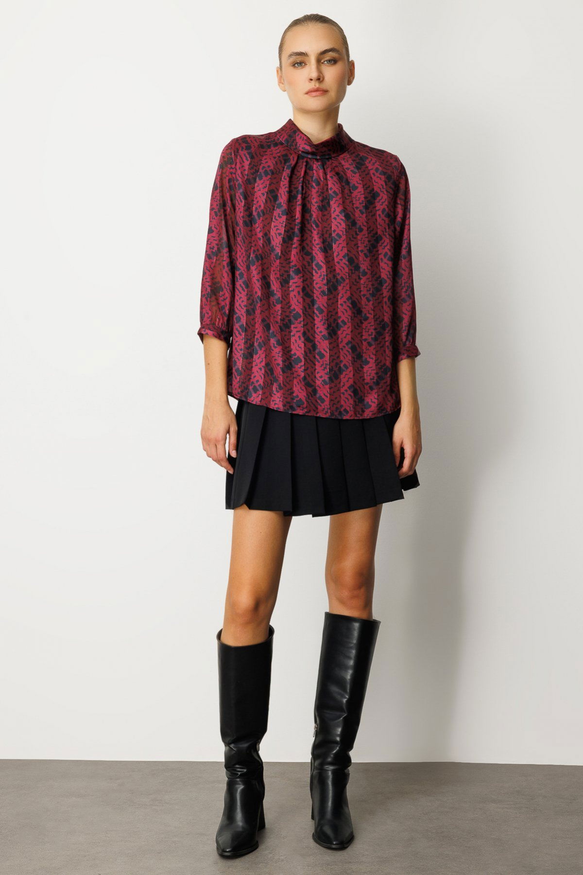 Ekol Kadın Göğsü Pencere Detaylı Desenli Bluz 3053 Bordo - 3