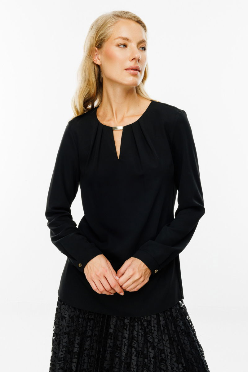 Ekol Kadın Göğüs Dekolteli Metal Aksesuarlı Bluz 2019 Siyah - 2