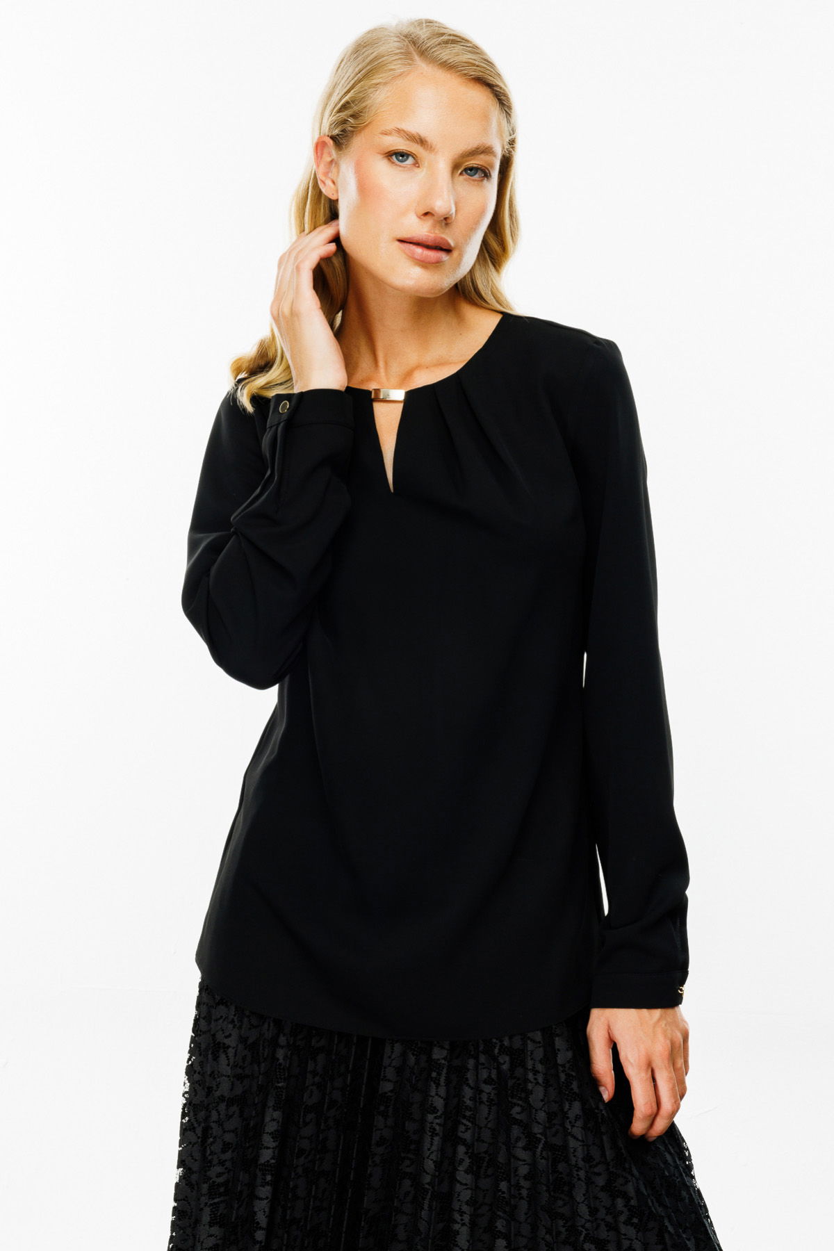 Ekol Kadın Göğüs Dekolteli Metal Aksesuarlı Bluz 2019 Siyah - 3