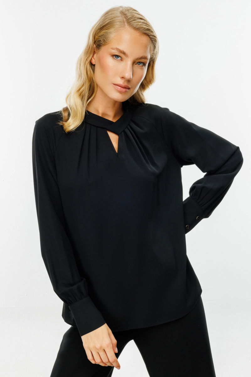 Ekol Kadın Göğüs Dekolteli Pileli Bluz 2071 Siyah - Ekol