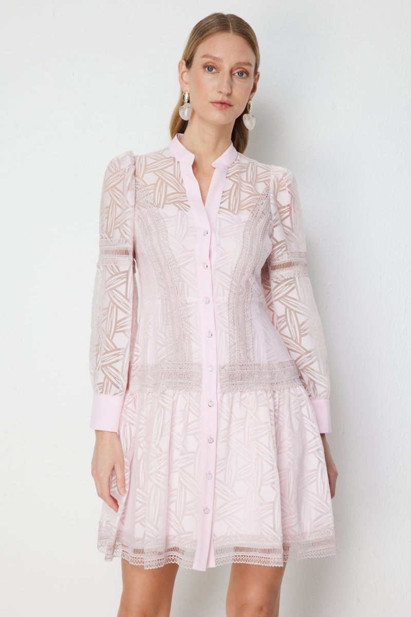 Ekol Kadın Hakim Yaka Desenli Mini Elbise 6130 Pembe - 3