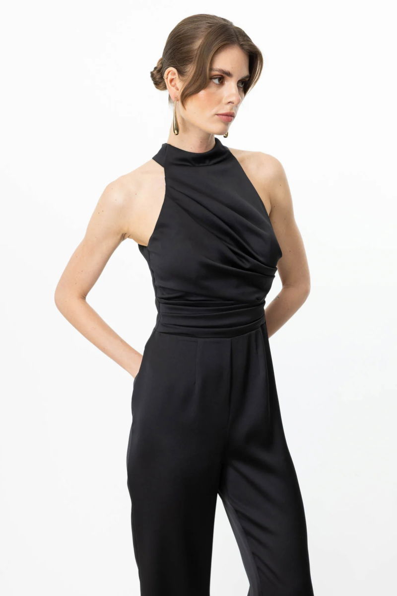Ekol Kadın Halter Yaka Saten Tulum 5404 Siyah - 4
