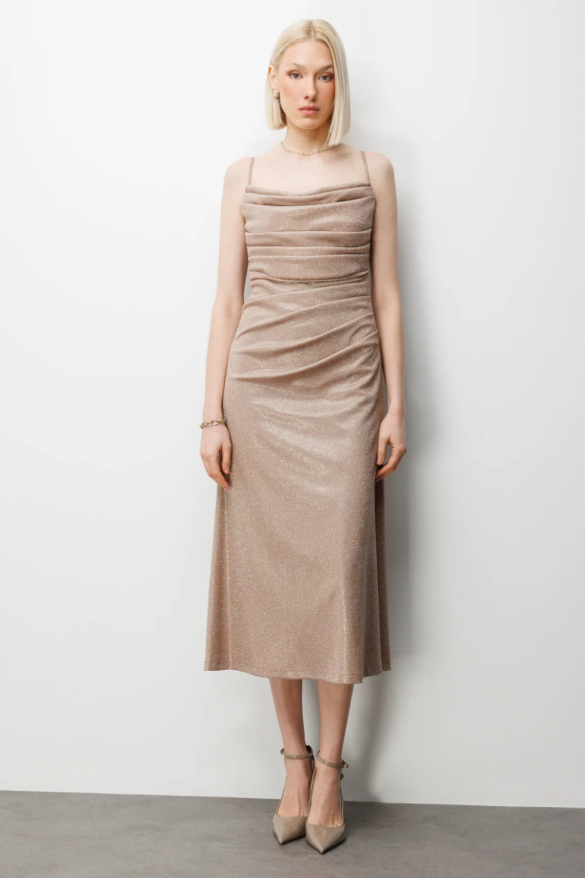 Ekol Kadın İp Askılı Simli Yansımalı Abiye Elbise 6062 Gold - 1