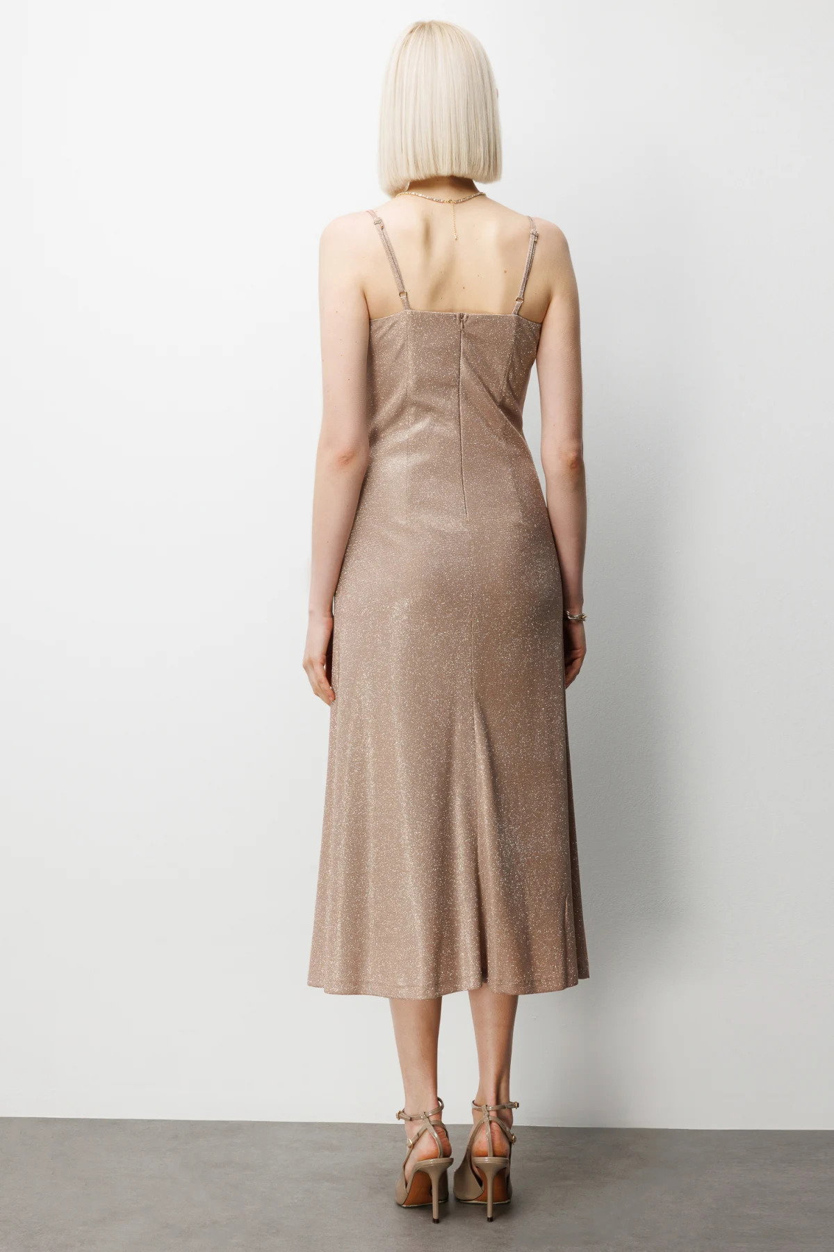 Ekol Kadın İp Askılı Simli Yansımalı Abiye Elbise 6062 Gold - 4