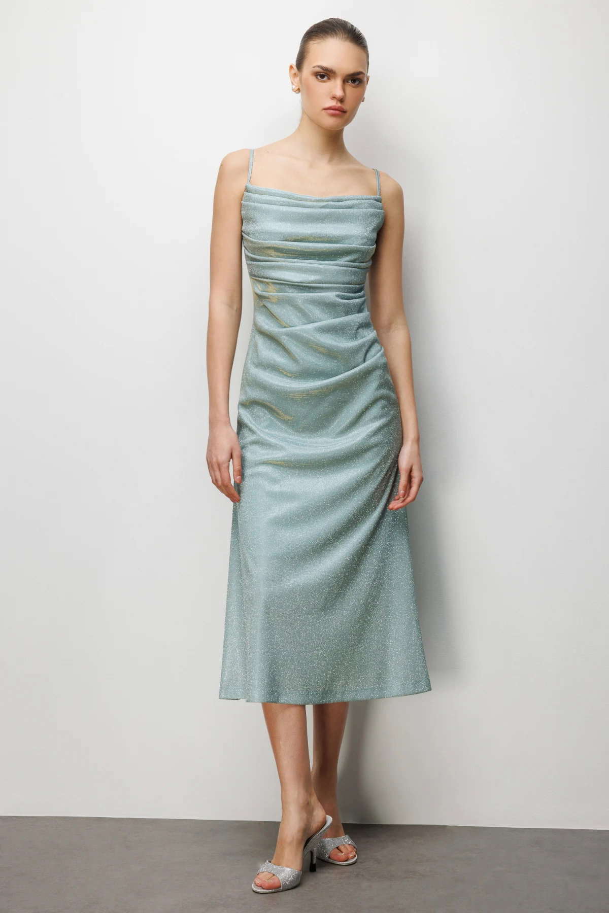 Ekol Kadın İp Askılı Simli Yansımalı Abiye Elbise 6062 Mint - 1