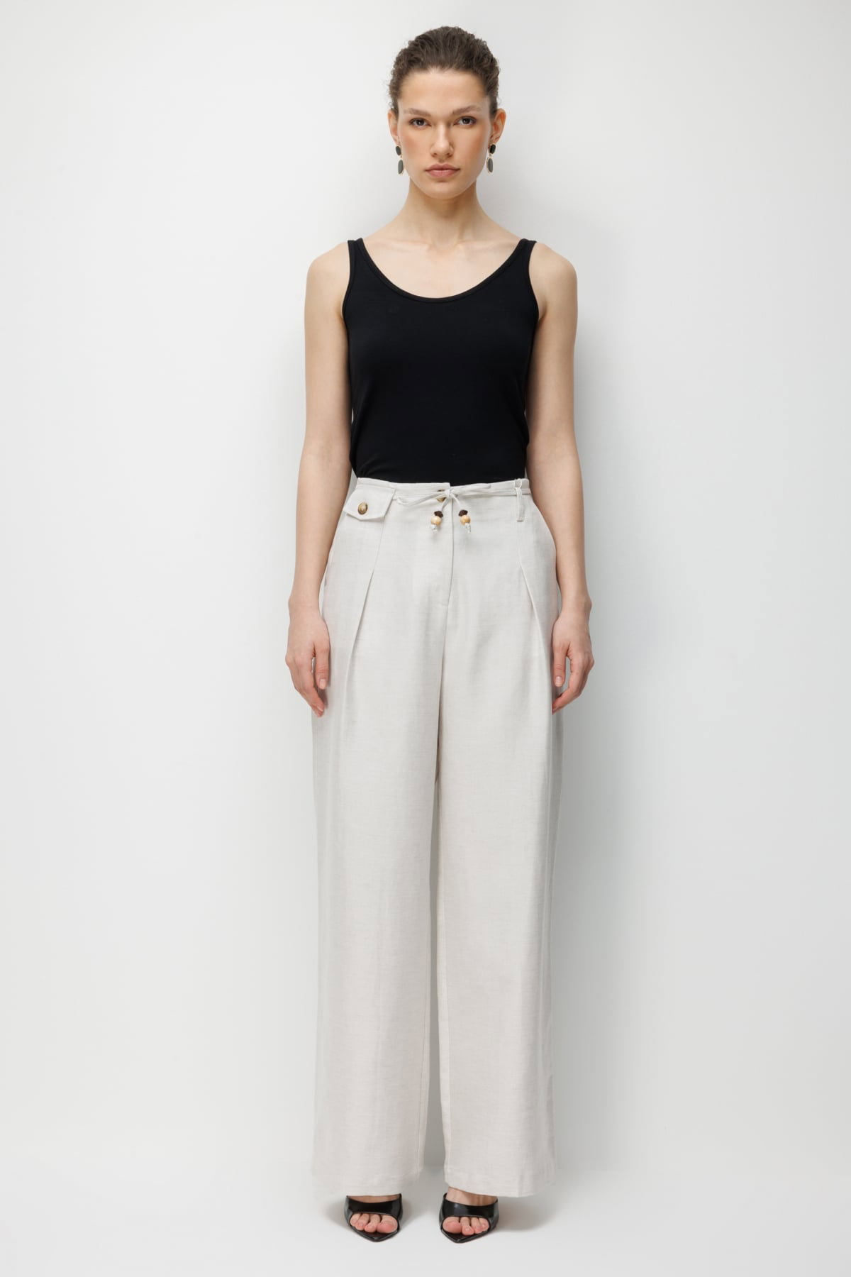 Ekol Kadın İp Kemerli Bol Paça Kumaş Pantolon 2426 Naturel - 1