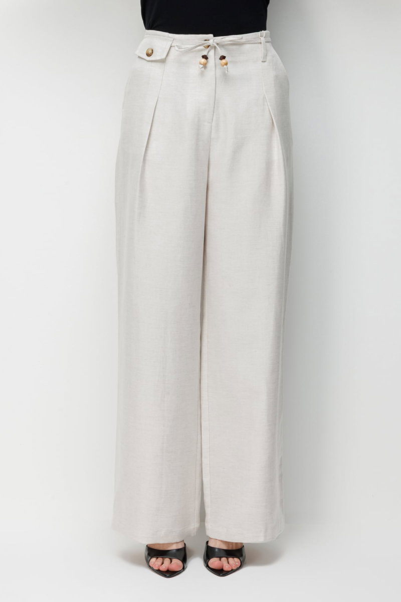 Ekol Kadın İp Kemerli Bol Paça Kumaş Pantolon 2426 Naturel - 2