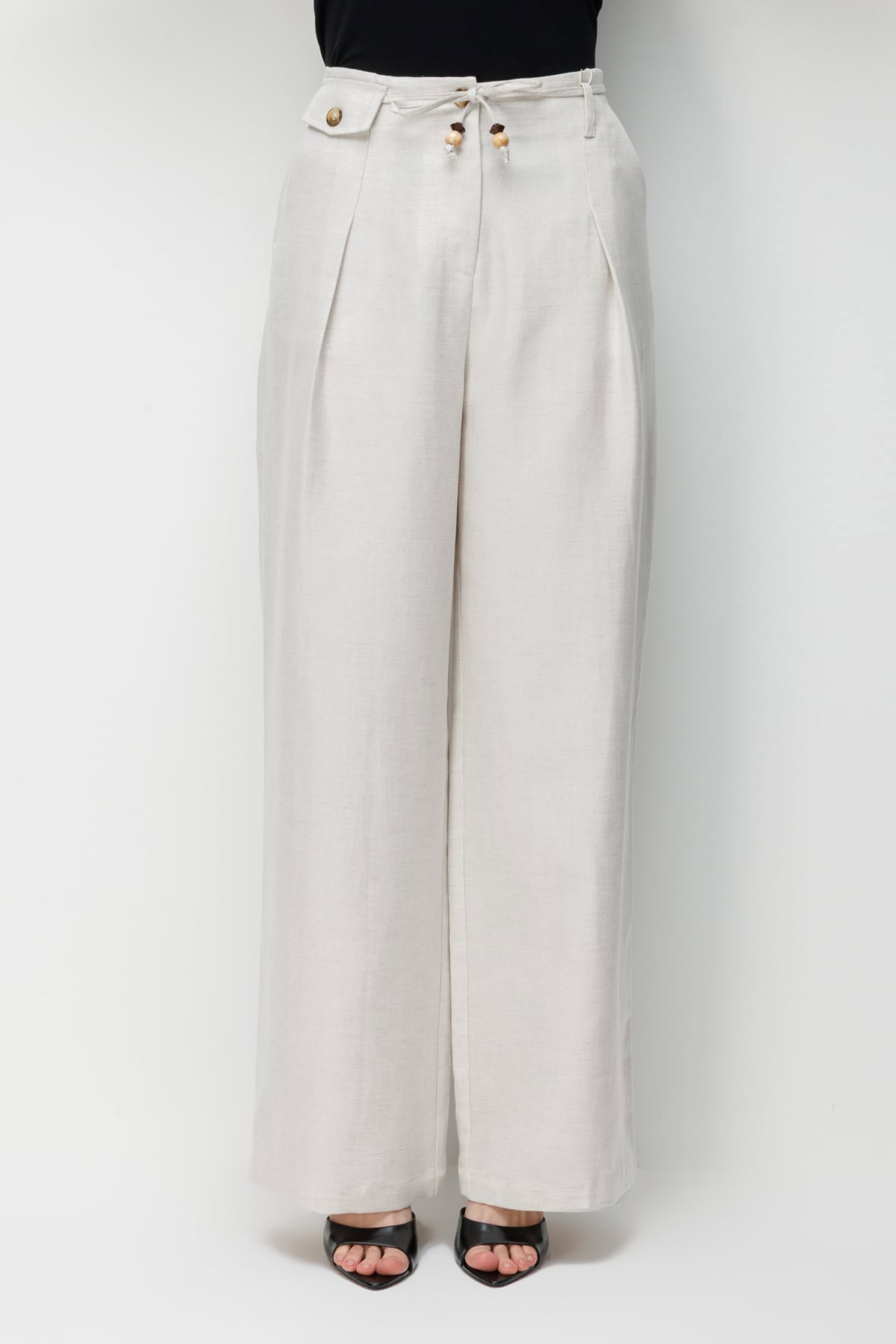 Ekol Kadın İp Kemerli Bol Paça Kumaş Pantolon 2426 Naturel - 2