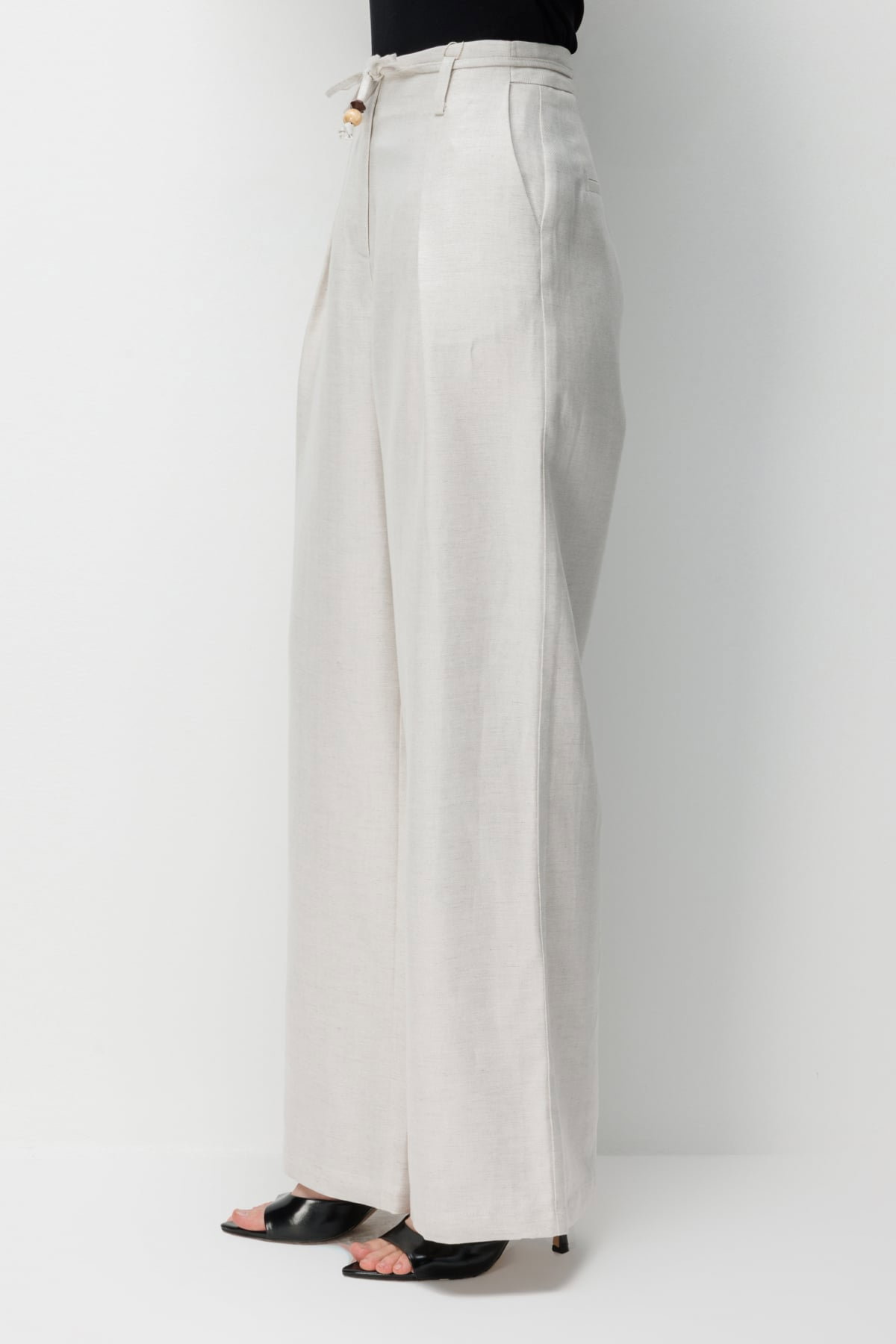 Ekol Kadın İp Kemerli Bol Paça Kumaş Pantolon 2426 Naturel - 3