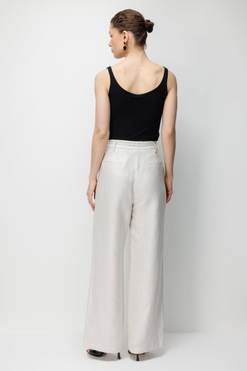 Ekol Kadın İp Kemerli Bol Paça Kumaş Pantolon 2426 Naturel - 4