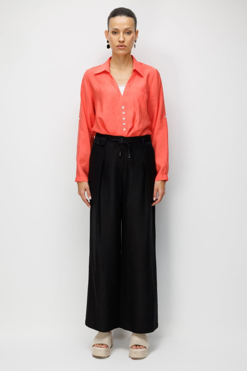 Ekol Kadın İp Kemerli Bol Paça Kumaş Pantolon 2426 Siyah 